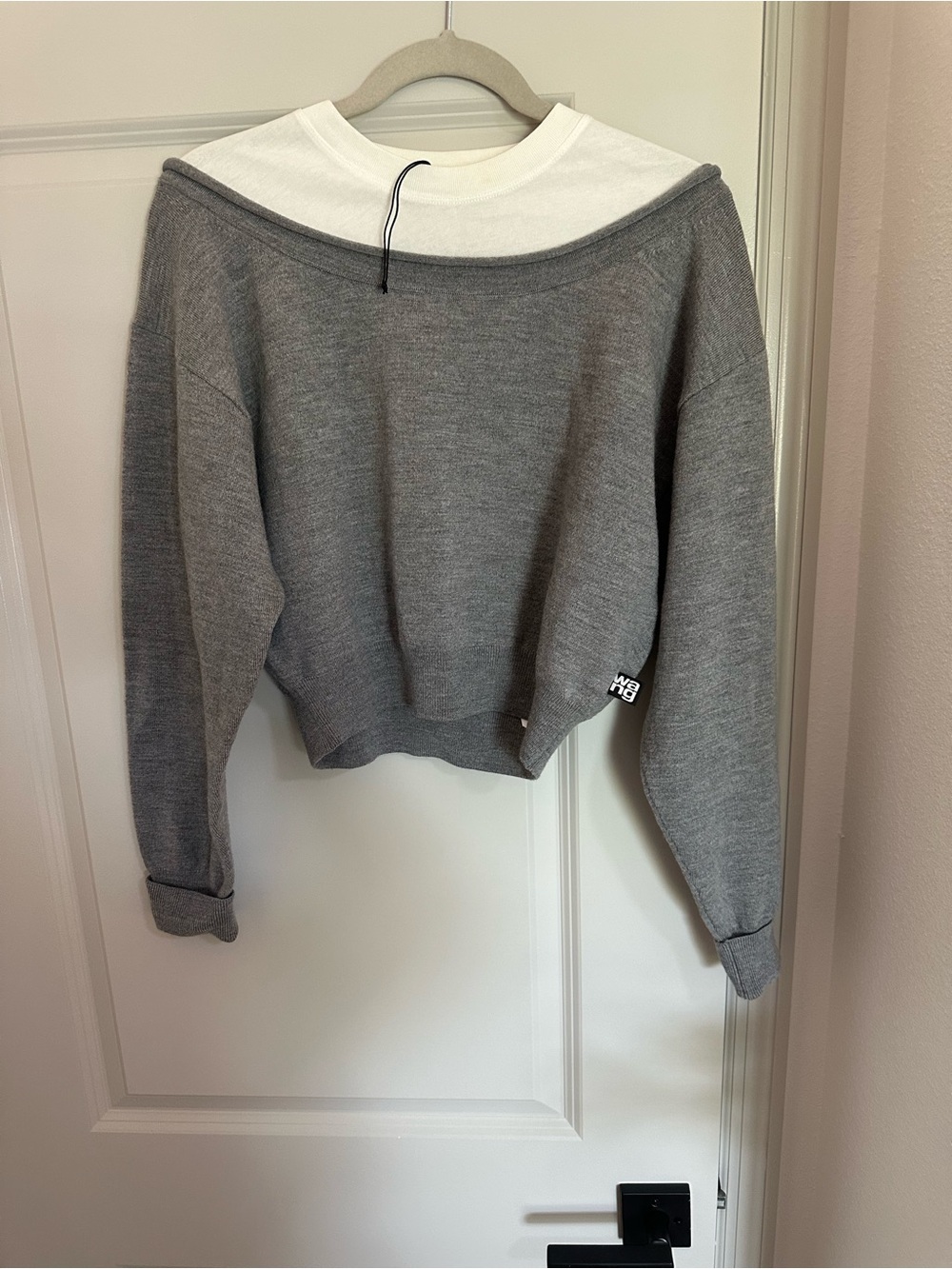 Alexander Wang Gray Off-Shoulder Crewneck Sweater